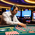 **

A casino dealer intensely studying a complex data visualization dashboard (graphs, charts) overlaid on a poker table. The dealer is wearing a headset and has a focused expression. In the background, there's a blurred casino scene with slot machines and people. The overall mood is analytical and strategic, with emphasis on combining intuition with data-driven insights. Colors should be rich and vibrant, with a contrast between the bright casino background and the focused dealer. Add excel spreadsheet half transparent over dealer.

**