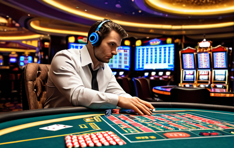 **

A casino dealer intensely studying a complex data visualization dashboard (graphs, charts) overlaid on a poker table. The dealer is wearing a headset and has a focused expression. In the background, there's a blurred casino scene with slot machines and people. The overall mood is analytical and strategic, with emphasis on combining intuition with data-driven insights. Colors should be rich and vibrant, with a contrast between the bright casino background and the focused dealer. Add excel spreadsheet half transparent over dealer.

**