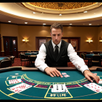 **A modern classroom setting in a casino dealer academy. Students practice card dealing at blackjack tables, with an instructor providing guidance. Text overlay: "Choosing the Right Academy: Credibility, Curriculum, and Costs."**