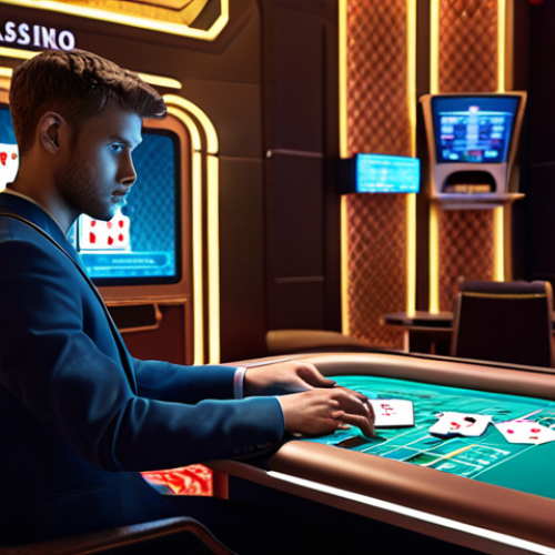 **Prompt:** A diligent student in a futuristic, sleek study space preparing for a casino dealer exam. Holographic screens display complex online casino platforms, VR environments, and AI customer analysis data, blending with traditional playing cards and chips. The scene emphasizes comprehensive learning of both classic rules and modern industry trends like cybersecurity and digital ethics.