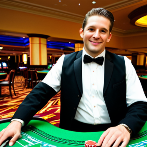 A professional casino dealer, fully clothed in a modest, elegant uniform consisting of a black vest, crisp white shirt, and a neatly tied bow tie, stands confidently behind a vibrant, green-felt poker table in a luxurious, brightly lit casino. Stacks of colorful chips and playing cards are meticulously arranged on the table. The dealer maintains a friendly, professional expression, engaging with well-dressed patrons in the background, conveying a dynamic and exciting atmosphere. The scene is captured with professional photography, showcasing the glamorous environment. safe for work, appropriate content, appropriate attire, family-friendly, perfect anatomy, correct proportions, natural pose, well-formed hands, proper finger count, natural body proportions.